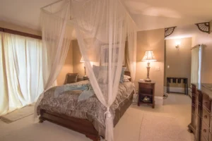 Luxurious bedroom featuring a dark wood bed with a white sheer canopy, gold and light blue patterned bedding, a dark wood nightstand with a lamp, and tan walls.